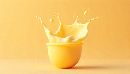 Vibrant splash of creamy beverage in a minimalist cupの写真素材