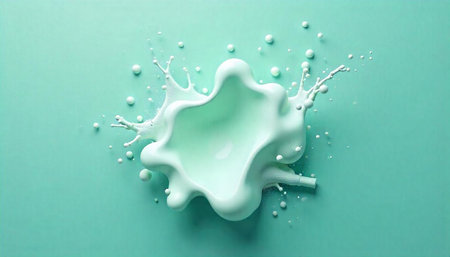 Milk splash explosion on pastel turquoise background abstract designの写真素材