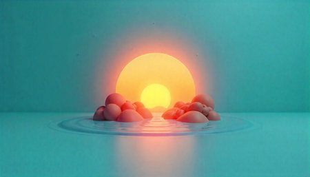 Minimalist sunset design with water ripples and sphere elements