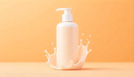 Cosmetic product bottle with splash on neutral background