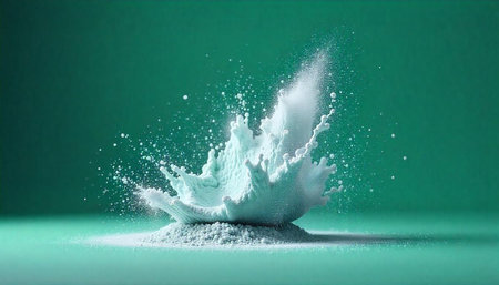 Turquoise powder explosion on matching background in studio shot