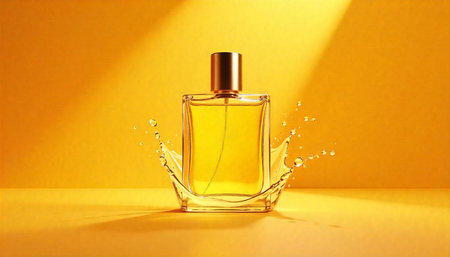 Elegant perfume bottle with splash effect on yellow background