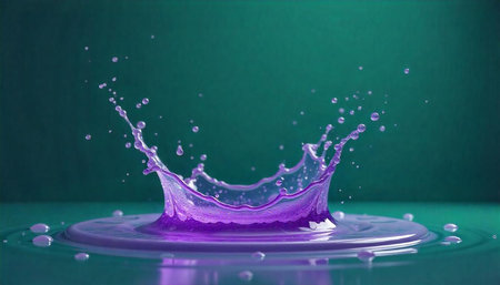 Vibrant purple liquid crown splash against teal backdrop