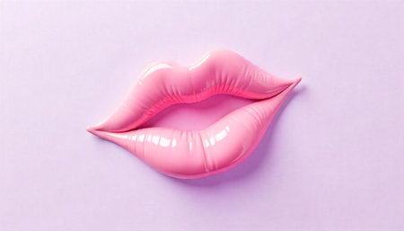 Pink glossy lips on a lavender background. Close up.
