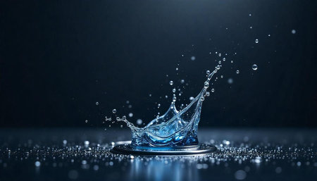 Water splash with droplets on dark blue background