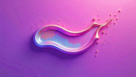 Iridescent liquid smear with gold sparkles on purple backdrop
