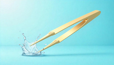 Elegant gold tweezers plunge into vibrant blue liquid backdrop