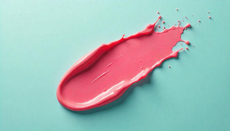 Pink paint smear on turquoise background studio shot top viewの写真素材