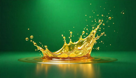 Golden liquid splash crown on emerald green background studio shot