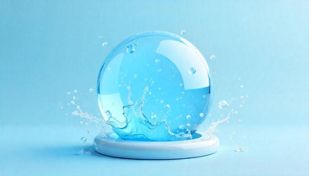 Clear water globe with splash on light blue background