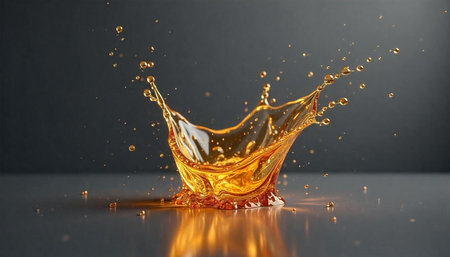 Golden liquid splash against a gray backdrop in motion