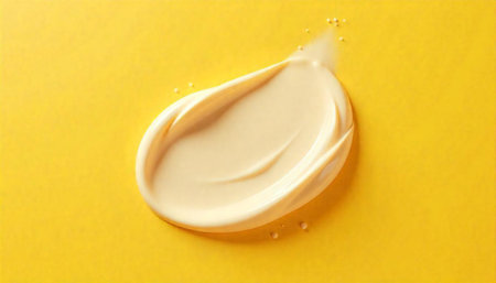 Beige cream smear on a vibrant yellow surface backdrop