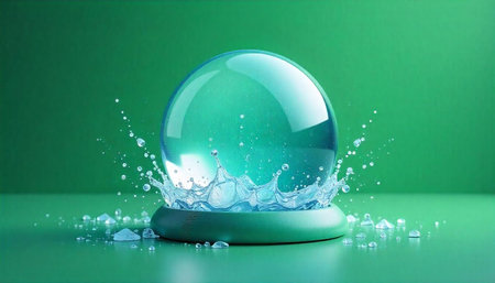 Abstract sphere with water splash on a green background