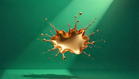 Golden liquid splash with droplet on green background studioの写真素材