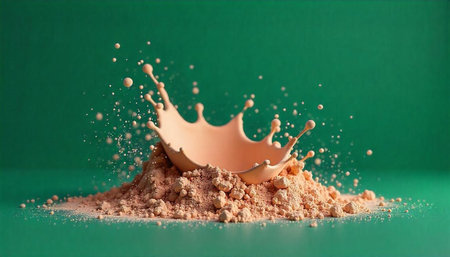 Powder with liquid splash over a monochromatic background
