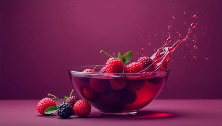 Crimson berries in a bowl with splashing crimson liquid