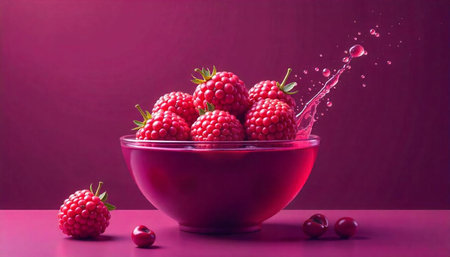 Raspberry splash in a bowl, magenta background art
