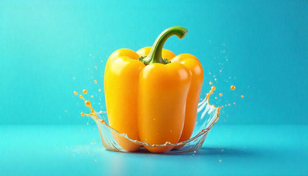 Bright yellow bell pepper with water splash on blue background