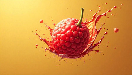 Raspberry Splashing in Juice with Golden Background