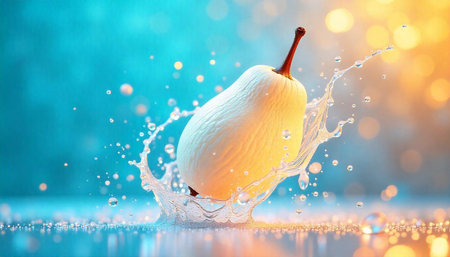 Elegant pear fruit with water splash in colorful background