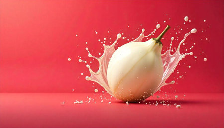 White eggplant with milk splash on red background displayの写真素材