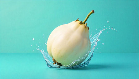 White eggplant splash against a vibrant teal background studio shotの写真素材