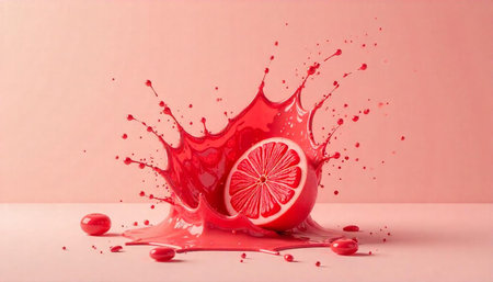 Vibrant grapefruit slice with juice splash on pink background