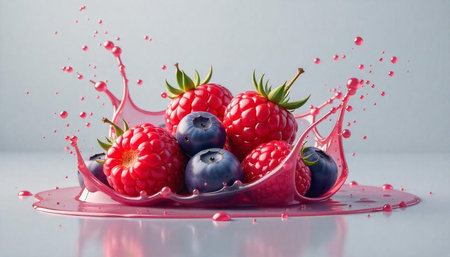 Vibrant raspberries and blueberries with splashing juice centerpiece
