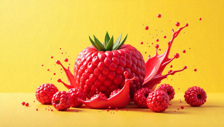 Red raspberry explosion with bright yellow background for product image