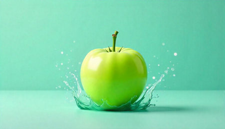 Fresh Granny Smith apple splashing in water on green backgroundの写真素材