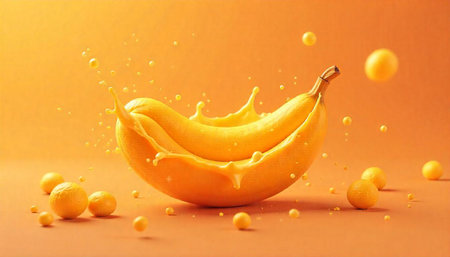 Banana with splashing juice on orange background studio shotの写真素材