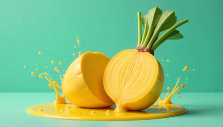 Halved golden beet with juice splash on plain backgroundの写真素材