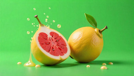 Bright pomelo fruit halves on a vivid green backdropの写真素材