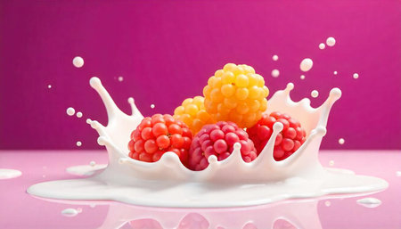 Raspberries falling into splash of milk with pink background