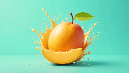 Refreshing peach with juice splash on a bright background