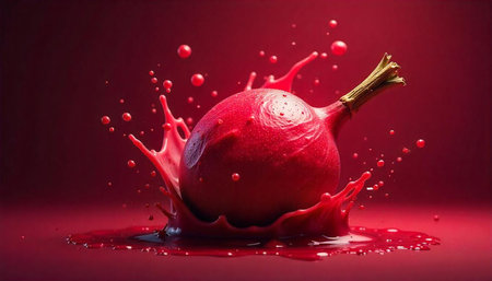 Vibrant red beet splash in monochrome setting, close-up
