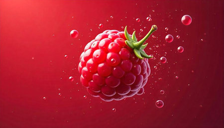 Fresh raspberry with water droplets against a saturated background