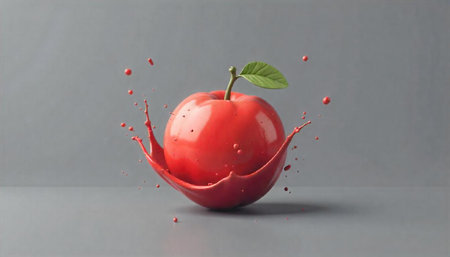Red apple with splash of paint on grey backgroundの写真素材