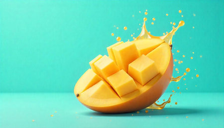 Fresh ripe mango chunks with juice splash on backgroundの写真素材