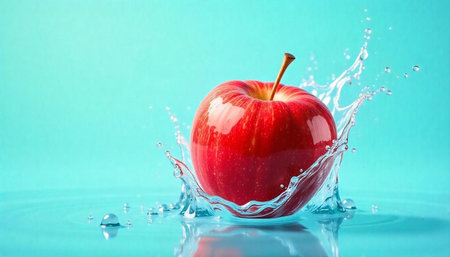 Fresh red apple splashing into water on blue background