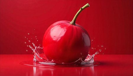 Red apple splashing in water on a red surface