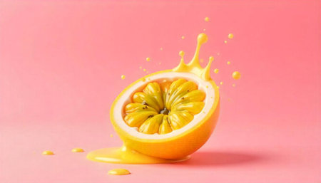 Half sliced fruit with juice splash on pink backgroundの写真素材