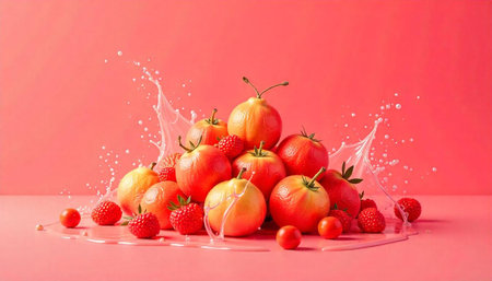 Still life photograph of apples, lychees and milk splash