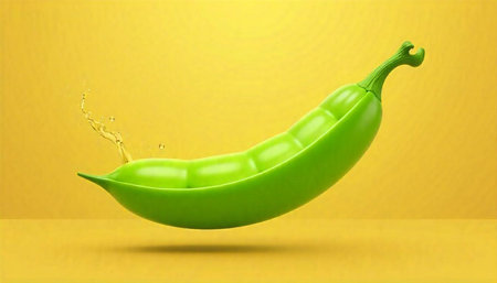 Vibrant green pea pod with golden liquid splash detail