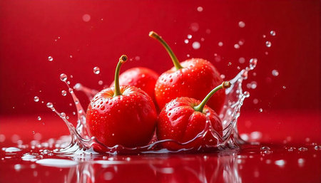 Fresh cherries splash in water against red backdrop image