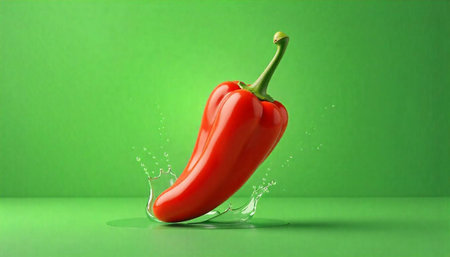 Vibrant red bell pepper with splashing water, green background