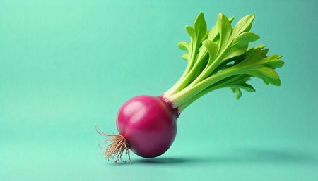Single red radish with vibrant green leaves on pastel background