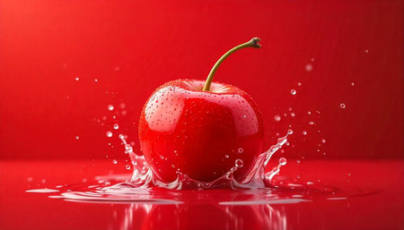 Fresh red cherry with splashing water on vibrant surface