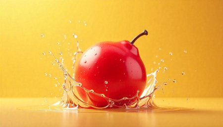 Fresh ripe tomato splashing into water on yellow backdropの写真素材
