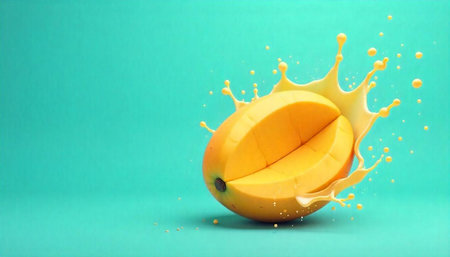 Sliced mango with juice splashing on turquoise backgroundの写真素材